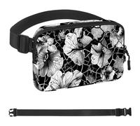 Black White Broken Flowers Fanny Packs for Women Men, Crossbody Belt Bag with Zipper Pockets,Waterproof Waist Packs with Adjustable Strap for Workout Running Traveling Hiking, Multicolor, One Size