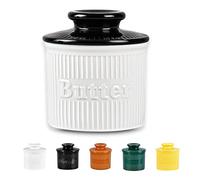 Black White Butter Keeper, 140g Ceramic Butter Dish with Lid, Round Butter Crock Water Seal, Ribbed Butter Jar for Fresh Spreadable Butter, Dishwasher Safe