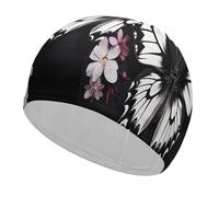Black White Butterfly Bathing Cap High Elasticity Swimming Caps Fit Both Long Hair Short Hair Comfortable Large Shower Cap for Drag Reduction and Hair Protection