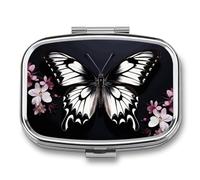 Black White Butterfly Pill Box 2 Compartment, Portable Pill Case with Mirror for Pocket Purse Travel, Mini Metal Medicine Organizer for Vitamins Fish Oil