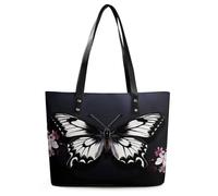 Black White Butterfly Tote Bag Large Soft Leather Purse with Zipper Lightweight Ladies Shoulder Handbag