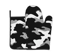 Black White Camouflage Oven Mitt and Pot Holder Set Heat Resistant