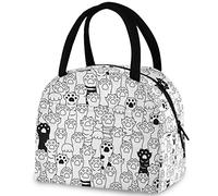 Black White Cat Doodle Dog Paw Reusable Lunch Tote Bag with Front Pocket Zipper Closure Insulated Thermal Cooler Container Bag for Man Women Work Picnic Travel Beach Fishing