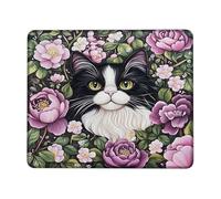 Black White Cat Floral Mouse Pad, Peach Peony Design, Stylish Artistry for Home Office, Non-Slip Washable Gaming Mousepad Square 8x10 Inch