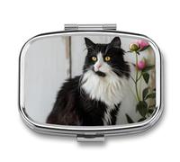 Black White Cat Flower Pill Case Box with 2 Compartment Medicine Vitamin Organizer for Purse Pocket 5.5x4cm