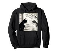 Black & White Cats Ukiyo-e Japanese Style Art Garden Blossom Pullover Hoodie