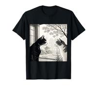 Black & White Cats Ukiyo-e Japanese Style Art Garden Blossom T-Shirt