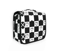 Black White Checkered Pattern Hearts Cosmetic Bags for Women with Hanging Hook Washable case for toiletries Backpacking