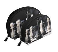 Black White Chess Checkerboard Portable Shell Cosmetic Bag Set - Travel Makeup Organiser with Zipper & Inner Compartments