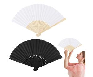 Black/White Chinese Vintage Fan, 2Pcs Bamboo Handheld Fan, Classic Oriental Fan, Exquisite Craft Paper Fans, Summer Cooling DIY Handmade Fans, Original Folding Hand Fan for Dancing Cosplay Wedding