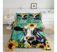 Black White Cow Bedding Sets,Blue Butterfly Yellow Sunflowers Comforter Set for Kids Teens Adults,Teal Green Wooden Stripes Rustic Style Comforter Duvet Set with 2 Pillowcases Double Size 3 Pcs