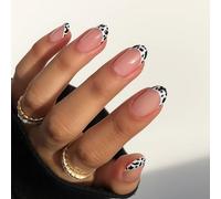 Black White Cow Print French Tip Press On Nails Short Almond Shape Fake Nails - 24Pcs False Natural Nude Base DIY Salon Stick On for Women Summer Handmade French Manicure Set