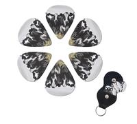 Black White Cows Guitar Picks 6 Pack, 0.71mm Thickness Celluloid Bass Pick with Leather Guitar Pick Holder Keychain Abstract Art Pics Plectrum for Acoustic Electric Guitar, Ukulele, Bass
