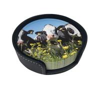 Black White Cows,Set of 6 Round Coasters, Pu Leather Drinks Coasters with Holder for Home Office Kitchen
