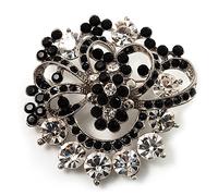 Black & White Diamante Corsage Brooch (Silver Tone)