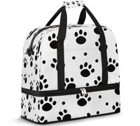 Black White Dog Paw Print Travel Duffel Bag for Women Men, Animal Cat Paw Print Foldable Sports Gym Bag Weekend Overnight Totes Carry on Cabin Bag with Shoes Compartment