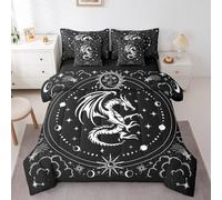Black White Dragon 7 Pieces Comforter Set Queen Size,Sun and Moon Star Print Bed in a Bag for Kids Boys Girls Teens,Magical Animals Bed Set Bohemian Hippie with Comforter,Sheet Sets and Pillow Cases