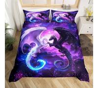 Black White Dragon Duvet Cover Double Size,Nebula Star Glitter Bedding Set for Kids Teens Couple Adults Room Decor,Western Magical Wildlife Animal Purple Comforter Cover 1 Pillowcase,No Comforter
