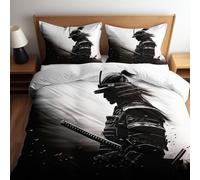 Black White Duvet Cover Single Bedding Set, Japanese Warrior Silhouette Reversible Printed Duvet Cover Bedding Closure - Soft Breathable Quilt Covers for Child Adolescents Adults - 135 x 200 cm