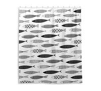 Black White Fish Seamless Tribal Ethnic Fishes on White Waterproof Shower Curtain, Machine Washable Polyester Cloth with 12 Hooks, No Smell Bath Tub Stall Curtain Liner 60"(W) x72(H)