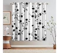 Black White Floral Curtains Blackout, 66x72 Inch 2 Panels - Branch Flower Pattern Black Out Curtains, Home Decor, 72 Drop Eyelet Window Drapes for Bedroom, Living Room OL150