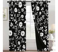 Black White Floral Curtains Blackout, 66x90 Inch 2 Panels - Flower Branch Leaf Botanical Pattern Black Out Curtains, Home Decor, 90 Drop Eyelet Window Drapes for Bedroom, Living Room VA#217
