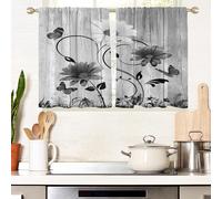 Black & White Floral Window Curtains for Kitchen, Living Room, Bedroom - Abstract Gray Leaf Design, 27.5" x 36", 1 Pair