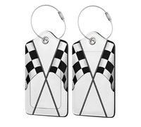 Black White Formula Checkered Flags 2 Pack PU Leather Luggage Tags Suitcase Tags with Privacy Cover and Stainless Steel Loop