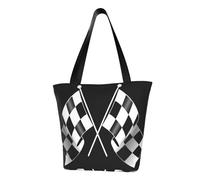 Black White Formula Checkered Flags Pattern Fashion Canvas Tote Bag With All Over Print Design,Large Reusable Shopper Tote With Double Handles,Beach Tote, Weekend Bag