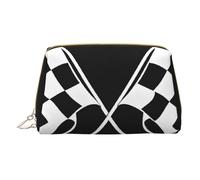 (Black White Formula Checkered Flags Pattern) Print Pu Leather Makeup Bag with Zipper Pocket Compact Organizer for Travel/Purse