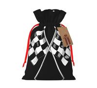 Black White Formula Checkered Flags Pattern Printed Christmas Drawstring Gift Bags-Xmas Wrapping Bags,Candy Bag,For Holiday Party Decorations,Wedding Party Supplies S Red Ribbon