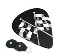 Black White Formula Checkered Flags Pattern Printed Guitar Picks, 6 Pack with Leather Keychain Pick Holder - 0.46mm, 0.71mm, 0.96mm Assorted Thickness for Acoustic Ukulele, Electric Guitar