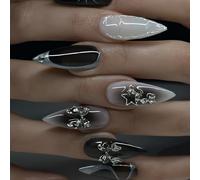 Black White French Press on Nails Medium Almond, 24Pcs Acrylic Full Cover Fake Nails Stiletto Glossy False Nails with Star Butterfly Designs, Reusable Artificial Stick on Nail for Women and Girls