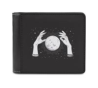 Black White Full Moon with Rays in the Hands of Fortune Teller Leather Bifold Wallet Coin Purse Soft Stylish Credit Pass Case Card-Holder for Boy Girl Men Woman Money Storage