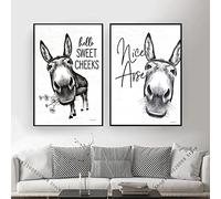 Black White Funny Donkey Hello Sweet Cheeks Nice Arse Quote Canvas Painting Wall Art 2 Pieces Posters And Prints For Bathroom Home Decor 12"X16" No Framed