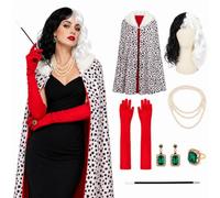 Black White Glam Villain Costume Set for Women with Cape, Wig & Accessories
