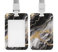 Black White Gold Foil Marble Badge Holder with Lanyard - Waterproof Hard Plastic ID Card Holder Professional Name Tag Vertical ID Card Name Badge for Office Nurse Doctor Teacher