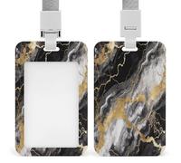 Black White Gold Foil Marble ID Badge Holder Waterproof Card Protector Push-Pull Slot Work ID Card Holder with Lanyard Personalized Detachable Card Holders for Office Corporate Use