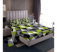 Black White Green Geometric Bed Sheets Light Grey Dark Gray Triangle Diamond Double Sheet Set Abstract Geometry Graphics Bedding Set For Kids Men Women,Modern Stylish Art Bed Sheet 2 Pillow Cases