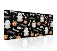 Black White Halloween Gaming Mouse Pad XL Cute Ghost Fall Pumpkin Extended Spooky Large Mat Mousepad Desk Pad Non-Slip Rubber Base Stitched Edge Long Keyboard Pad for Computer,31.5×11.8 Inch
