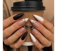 Black White Heart Press on Nails for Women - Long Stiletto False Nails with French Tip Design, Matte and Glossy Stick on Nails, Reusable Fake Nails for Date Night, Party