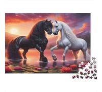 Black White Horse 1000 Piece Jigsaw Puzzle for Adults Black And White Horses Sunset Water Lily Premium Thick Sturdy Vibrant Challenging Hard Stress Relief Gift 70x50cm/1000pcs