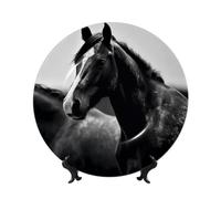 Black White Horses Ceramic Decorative Plates Bone China Decorative Plate With Display Stand Handmade Ceramic Ornament Personality Porcelain Dinner Plate Crafts For Home Office Wall Decoration 20cm