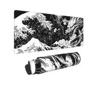 Black White Japanese Sea Wave Dragon Large Mouse Pad 31.5x11.8 XL Cool Design Style Extended Mousepad Keyboard Mouse Mat Desk Pad with Non-Slip Rubber Base Stitched Edges for Home Office Game