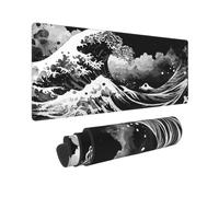 Black White Japanese Sea Wave Large Mouse Pad 31.5x11.8 XL Cool Design Style Extended Mousepad Keyboard Mouse Mat Desk Pad with Non-Slip Rubber Base Stitched Edges for Home Office Game