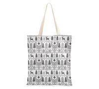 Black White Knit Christmas Patterns Casual Canvas Tote for Women Shopping Cloth Bag with Pockets