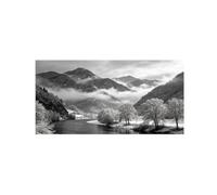 Black White Landscape Wall Art. Mountain Tree River. Picture 20x40cm Framed