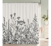 Black White Line Art Wildflower Print Shower Curtain 200X200Cm - Botanical Sketch Pattern Bathtub Curtain with Hooks - Waterproof Polyester Home Decorative Bathroom Curtain