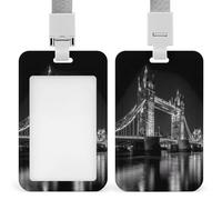 Black White London Tower Bridge England UK Badge Holder Personalized ID Name Tag Vertical Work Badge Clip with Lanyard for Women Men