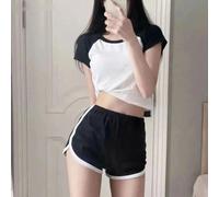 (black white, M) FiveFive Summer Ladies Suit Short Navel Top and Casual Shorts Two-piece Sets Y2k Fashion Striped Pullover T-shirt Young Sexy Slim Set